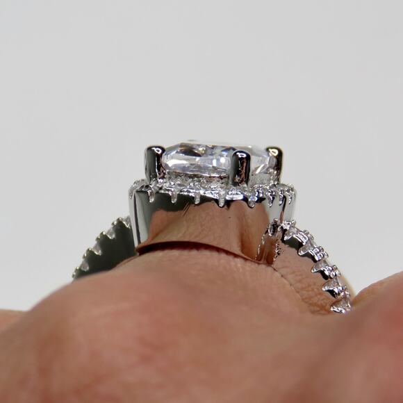 Macy's Square Cut Sterling Silver Moissanite Diamond Halo Ring S925 Size 7 - Picture 3 of 8